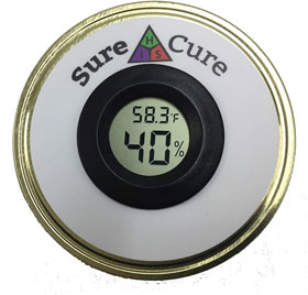 The Sure Cure mason jar lid fits all wide-mouthed jars and has a build in humidity meter.