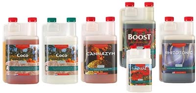 The full Canna Coco nutrient line includes A and B, Cannazym, Boost, and PK 13/14.