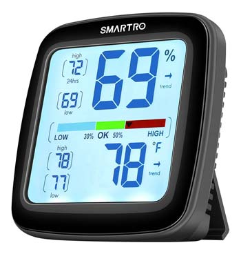 The Smartro thermometer and hygrometer displays displays high and low temperatures for the past 24 hours and all-time.