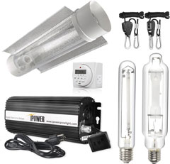 The iPower 600 watt HPS and MH Cool Tube kit includes a dimmable ballast, air-cooled cool tube, bulbs, light hangers, and timer.