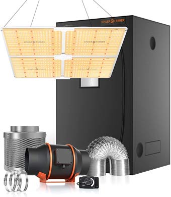 The Spider Farmer 4x4 grow tent kit includes a 450 watt LED and a 6" ventilation system with carbon filter.