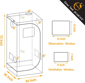 Dimensions of the POTLAB 3x3x72 inch grow tent showing vent openings, ventilation screens, and the observation window.