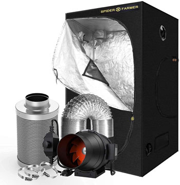 The Spider Farmer 3x3 grow tent kit comes with the tent, carbon filter, inline fan, and ducting.