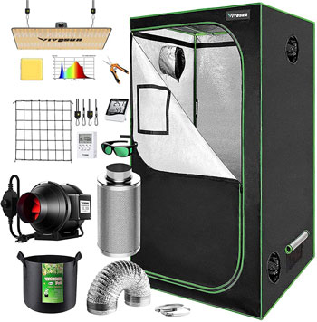 This Vivosun grow tent kit contains a 3 x 3 ft. grow tent, 4-inch inline fan and carbon filter, VS2000 LED grow light, temperature/humidity monitor, elastic trellis netting, five 5-gallon grow bags, pruning shears, timer.
