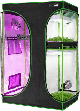 The Vivosun 4x3 grow tent kit has a 3x3 flowering chamber and a 1x3 propagation chamber with two levels.