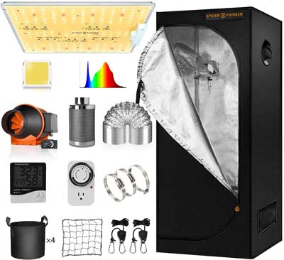 The best 2x2 grow tent kit is this complete indoor kit from Spider Farmer that uses an LED light.