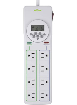 The BN-Link surge protector has 4 outlets on a timer and 4 that are always on, helpful if you need to run multiple pumps to different tents.