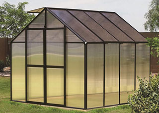 The 8x8 aluminum greenhouse from Monticello uses polycarbonate panes for high durability.