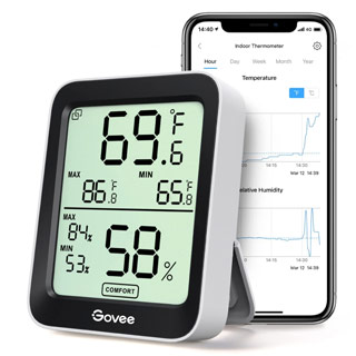 The Govee wifi thermometer and humidity meter tracks temperature and humidity on a phone app.